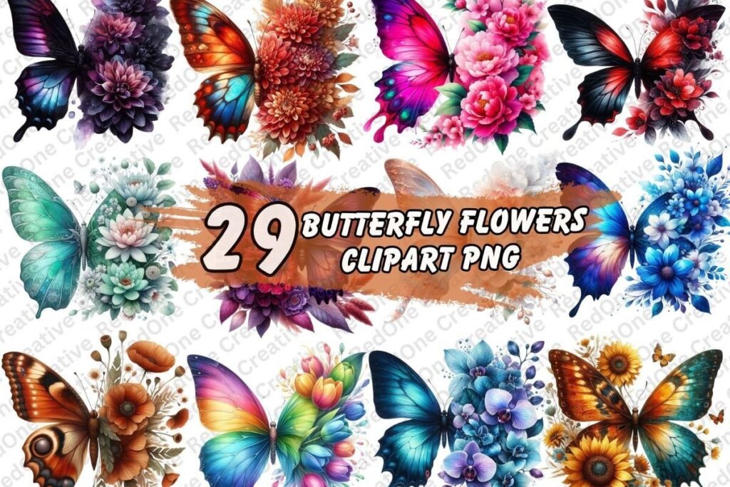 Butterfly Clipart featuring 29 colorful butterfly and flower compositions in PNG format