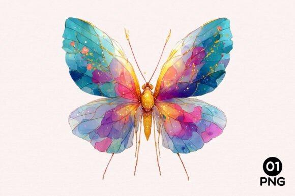 Watercolor butterfly clipart with vibrant blue, purple, pink, and yellow colors and delicate gold accents