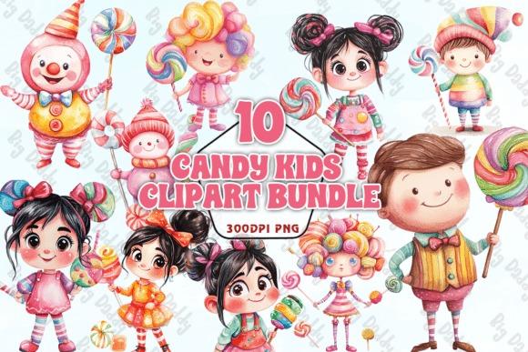 Creative kids clipart bundles featuring playful candy-themed children holding lollipops and sweets in colorful outfits