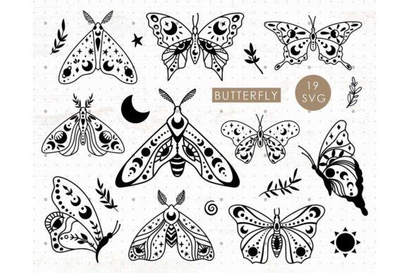 Black and white celestial butterfly clipart with moon, sun, and decorative elements in various file formats