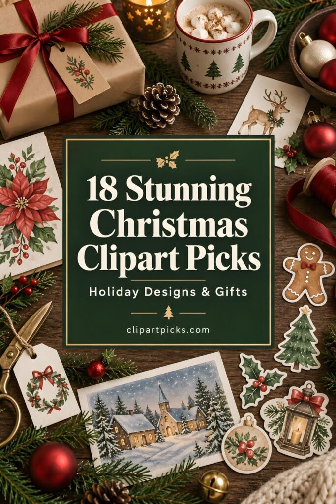 Christmas clipart featuring festive holiday designs including poinsettias, gingerbread, snowy village, and ornaments