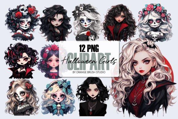 Set of 12 chibi dolls Halloween clipart characters with detailed costumes and makeup in PNG format