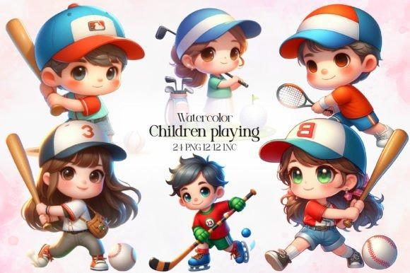 Creative kids clipart bundles showing children playing baseball, tennis, golf, and hockey in colorful outfits