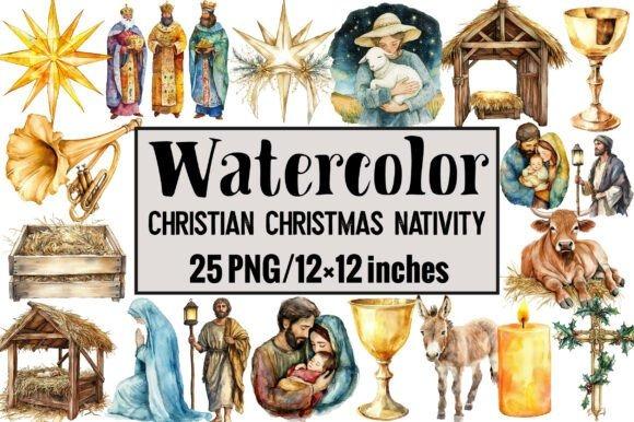 Watercolor Christian Christmas Nativity clip art set with biblical figures and symbols for holiday cards — Christmas clip art