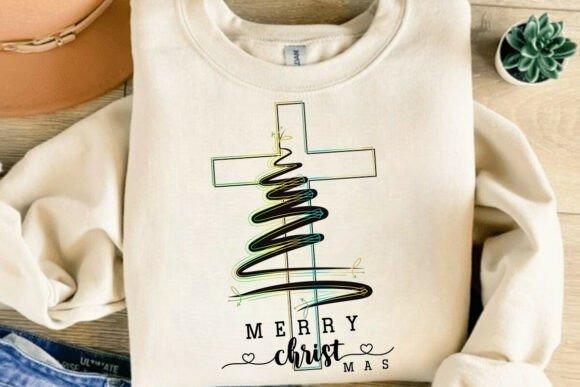 Christian Christmas tree vector designs on a cream sweatshirt with a cross and stylized tree for faith-centered Christmas