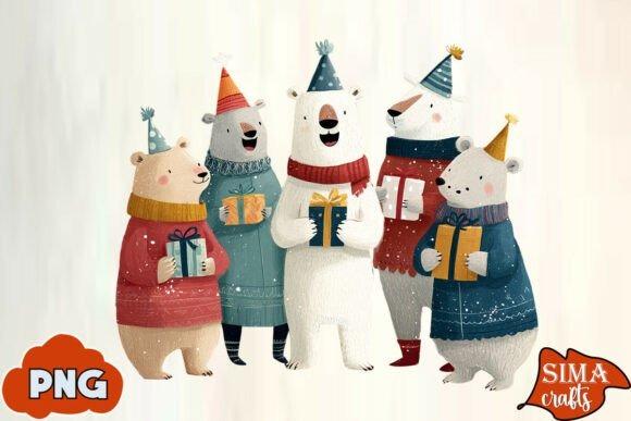 Christmas clipart for holiday cards featuring five cartoon polar bears wearing festive hats and sweaters holding gifts