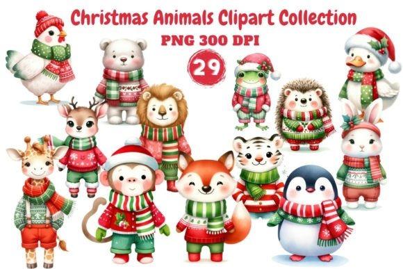 Christmas clipart featuring whimsical holiday animals like deer, bear, lion, fox, penguin, rabbit, and more in festive