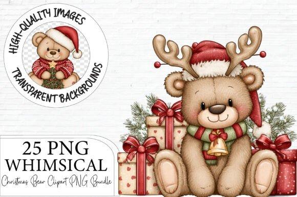 Christmas clipart featuring a teddy bear with antlers, Santa hat, scarf, and gifts in warm holiday colors