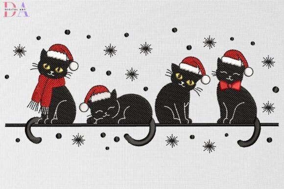 Christmas Clipart featuring four black cats wearing Santa hats and festive scarves sitting on a line with snowflakes