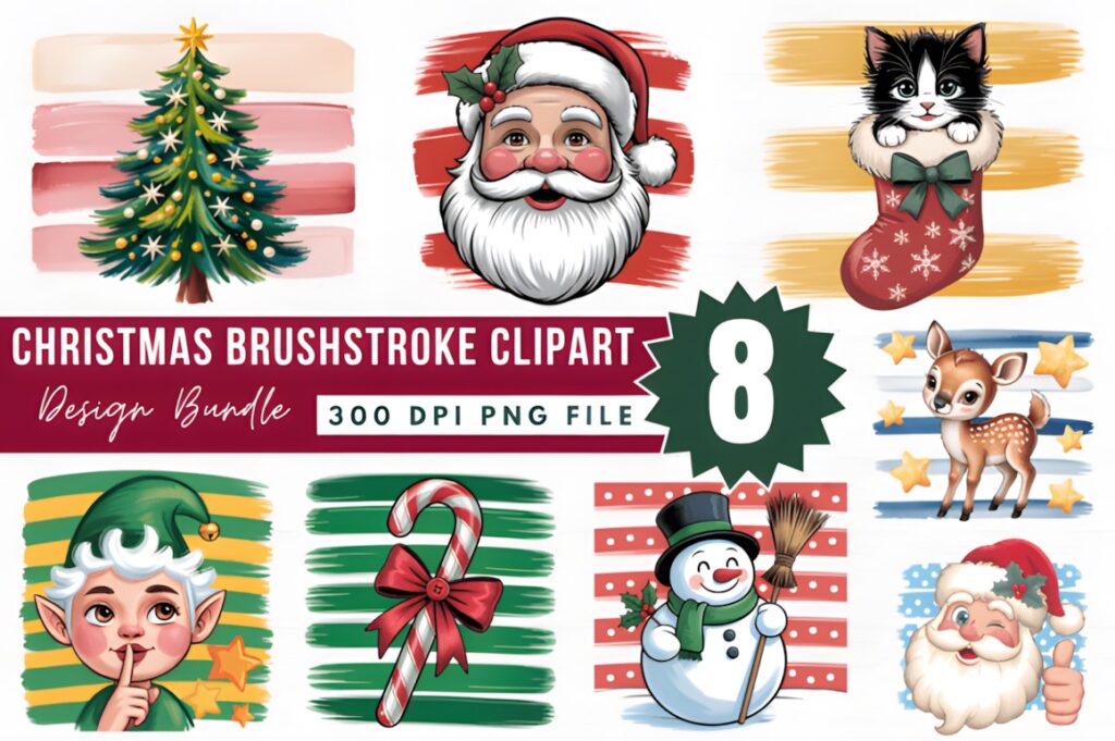 Christmas clip art featuring brushstroke-style tree, Santa, cat in stocking, elf, candy cane, snowman, reindeer, and Santa
