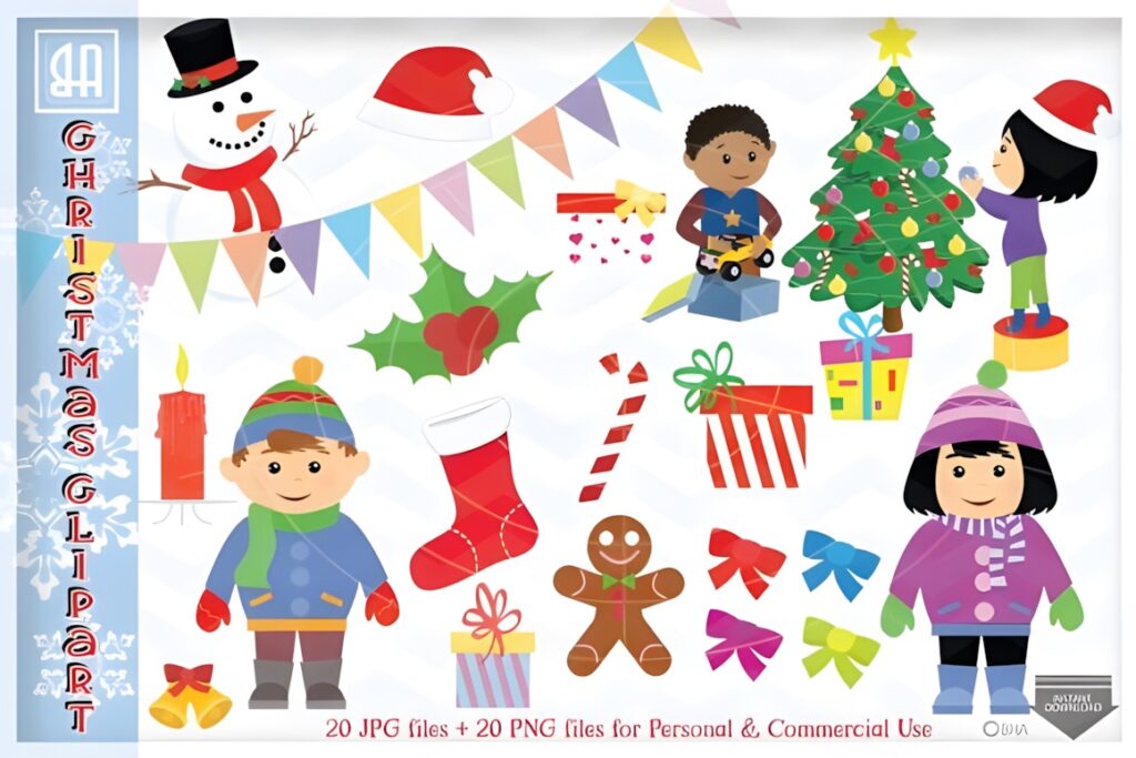 Christmas clip art featuring children decorating a Christmas tree, snowman, gifts, candy cane, stocking, gingerbread man