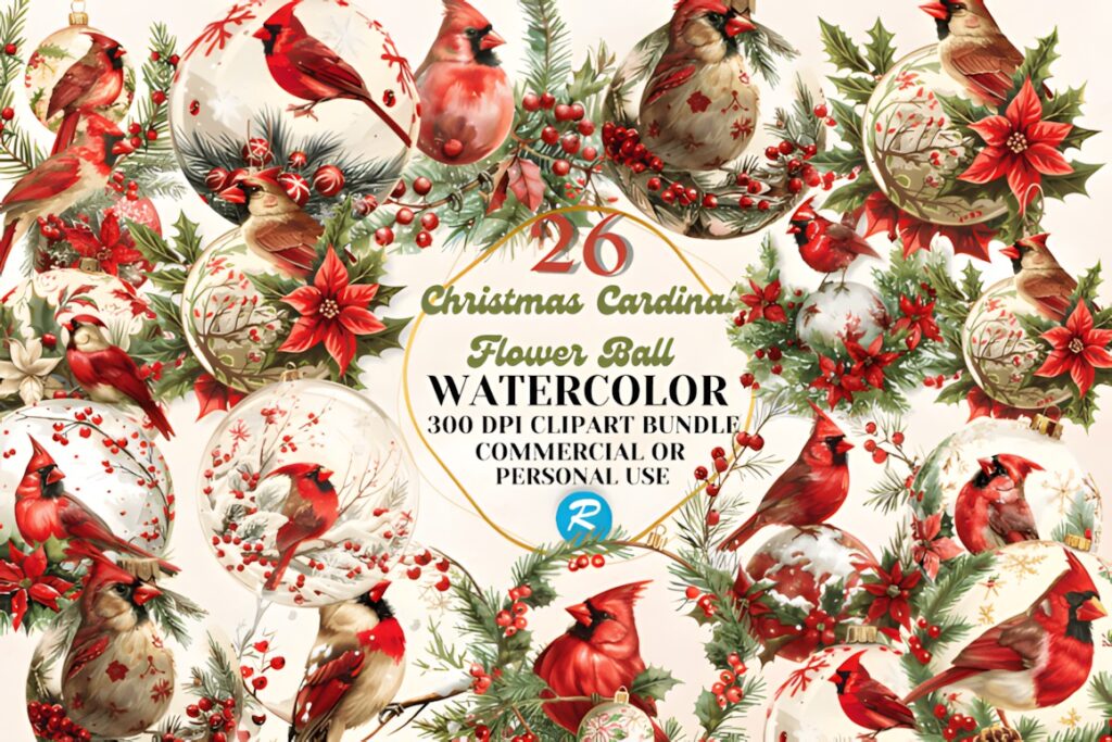 Christmas clip art featuring watercolor cardinal birds and floral holiday decorations in red and green tones