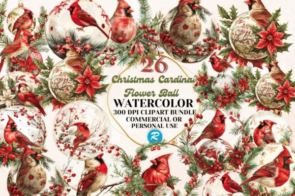 Christmas clipart for holiday cards featuring watercolor cardinal birds and floral balls with poinsettias and berries