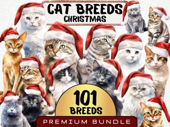 Christmas clipart for holiday cards featuring 101 cat breeds wearing Santa hats in a premium bundle