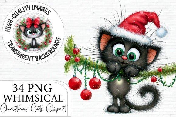 Christmas clipart of a black cat with big green eyes wearing a Santa hat, surrounded by festive decorations