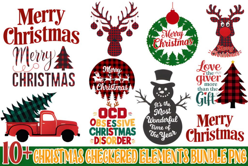 Christmas Elements PNG featuring checkered reindeer, ornaments, truck with tree, snowman, and festive text designs