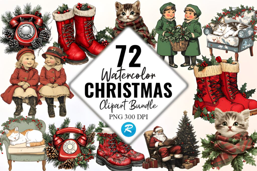 Christmas decorations PNG including vintage children, cats, red boots, Santa, and holiday greenery in watercolor style