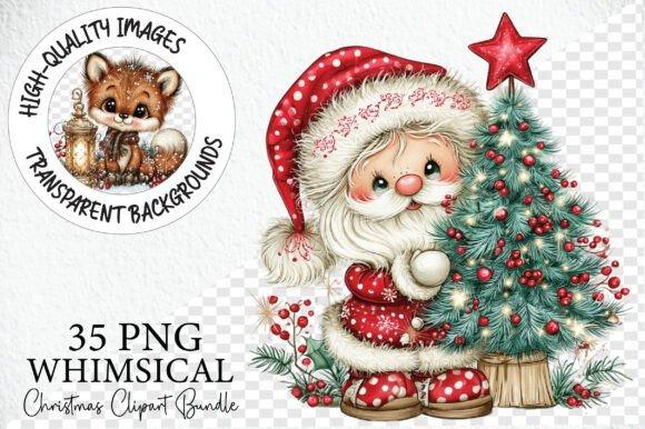 Whimsical Christmas clip art featuring Santa Claus with a decorated Christmas tree and red star
