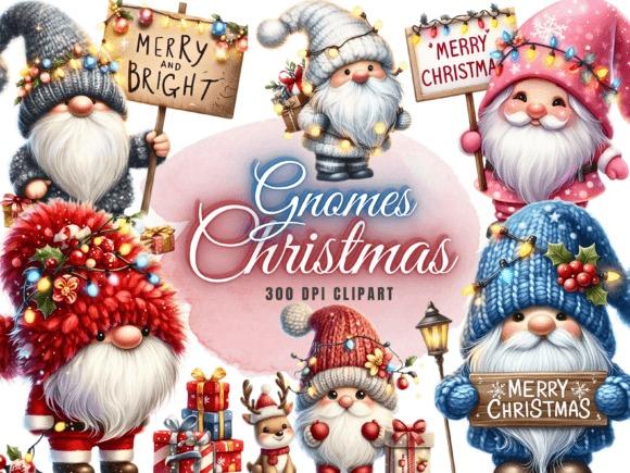 Christmas clipart featuring six colorful gnomes with festive hats and signs, high-resolution transparent PNG illustrations