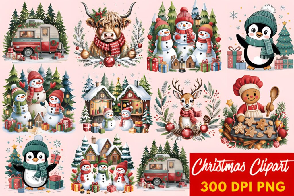 Christmas Elements PNG featuring snowmen, reindeer, gingerbread, cabins, penguins, and festive decorations in a colorful