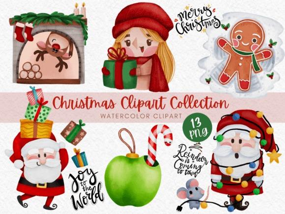 Christmas clipart for holiday cards featuring Santa, gingerbread, gifts, reindeer, and festive elements in watercolor style