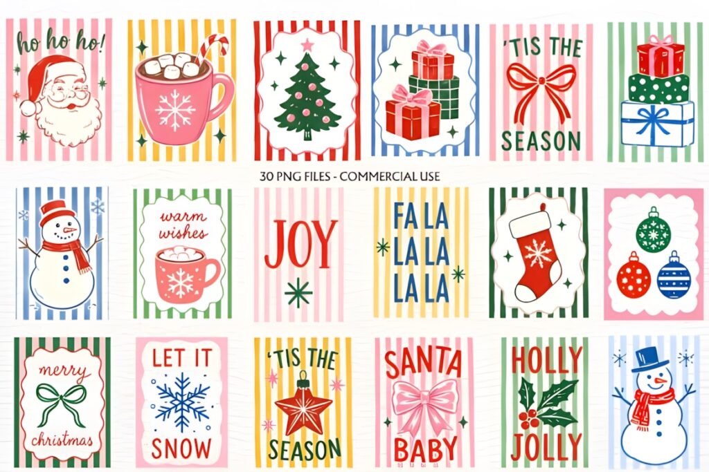 Christmas clip art featuring Santa Claus, ornaments, snowmen, trees, stockings, and gifts in colorful vintage style