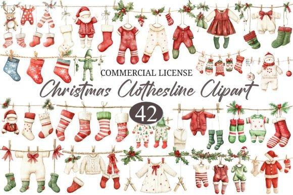 Christmas clipart featuring clothesline with various holiday-themed clothing and socks in red, green, and white colors