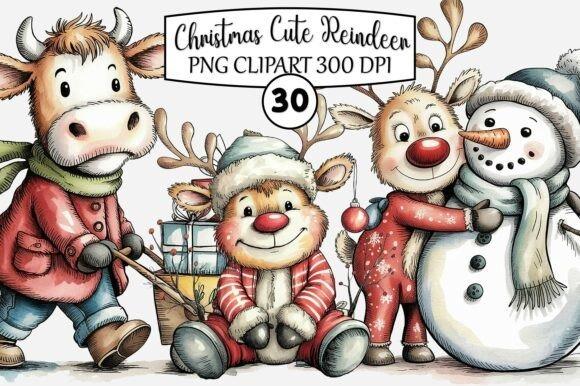 Christmas clip art featuring whimsical reindeer, a snowman, and winter accessories in a cheerful cartoon style