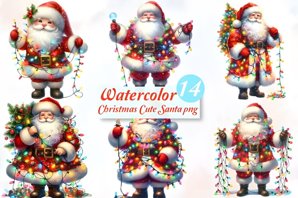 Santa Claus clipart set with 14 bright, cheerful Santa designs in transparent PNG format for playful holiday cards