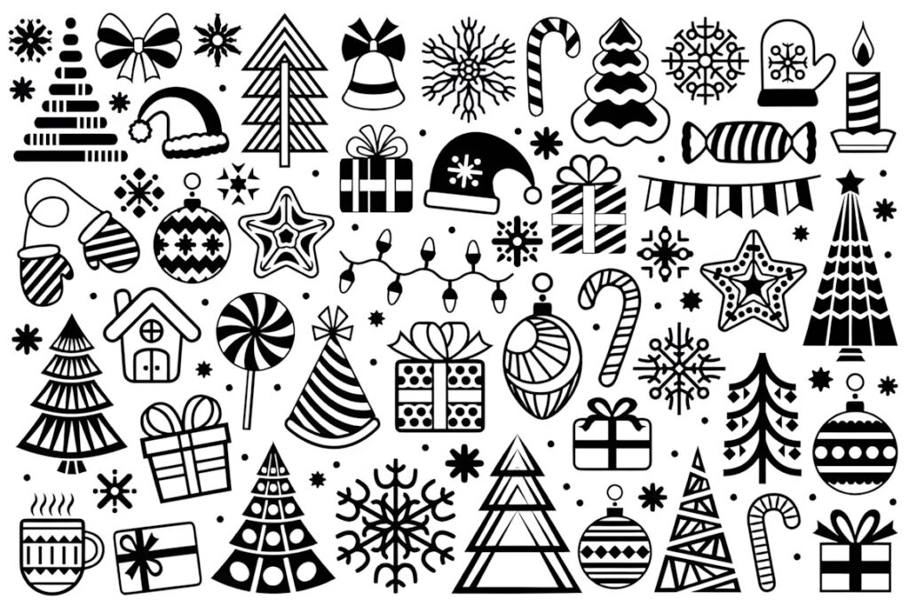 Black-and-white Christmas decorations PNG including trees, gifts, ornaments, snowflakes, candy, and holiday elements