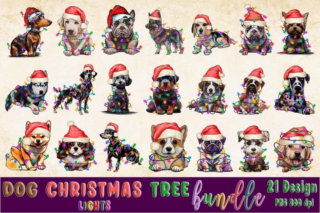 Christmas clipart featuring 21 dog breeds wrapped in colorful Christmas lights and wearing Santa hats