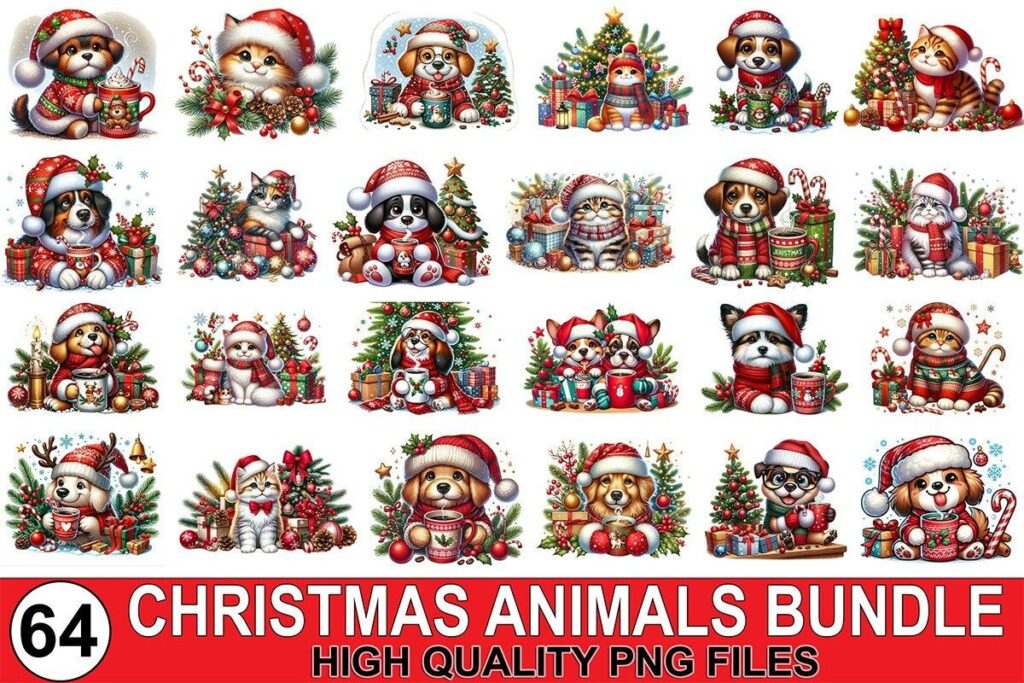 Christmas clipart featuring dogs and cats in festive holiday settings with Santa hats and Christmas decorations