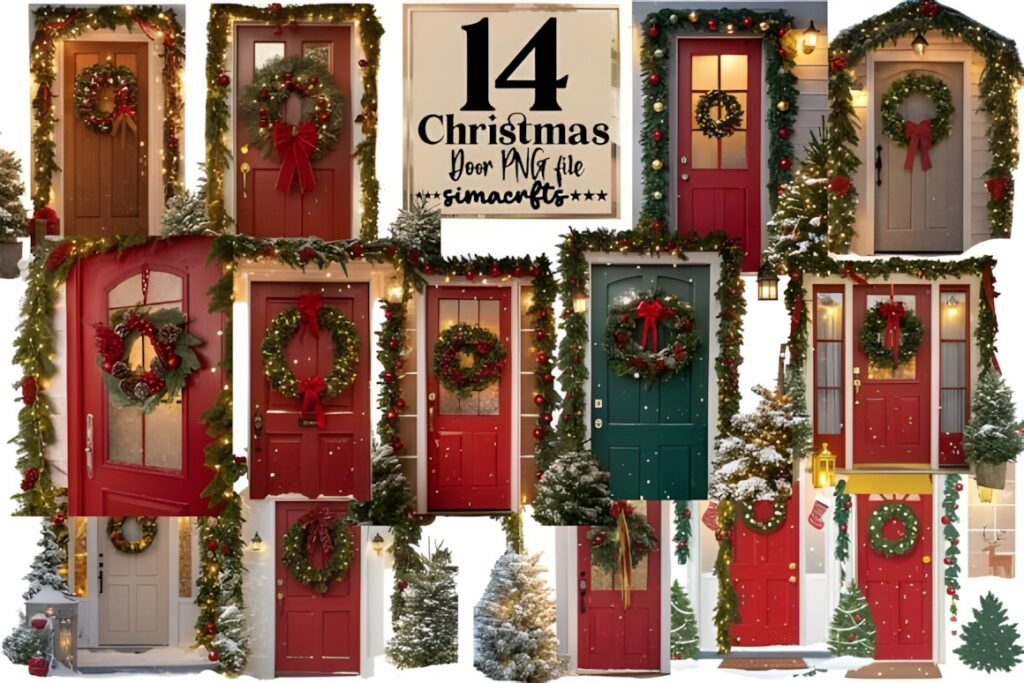 Christmas clip art featuring 14 decorated holiday doors with wreaths and garlands for festive card design