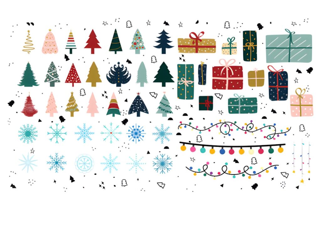 Christmas Elements PNG featuring various Christmas trees, gifts, snowflakes, and decorative lights for holiday crafting