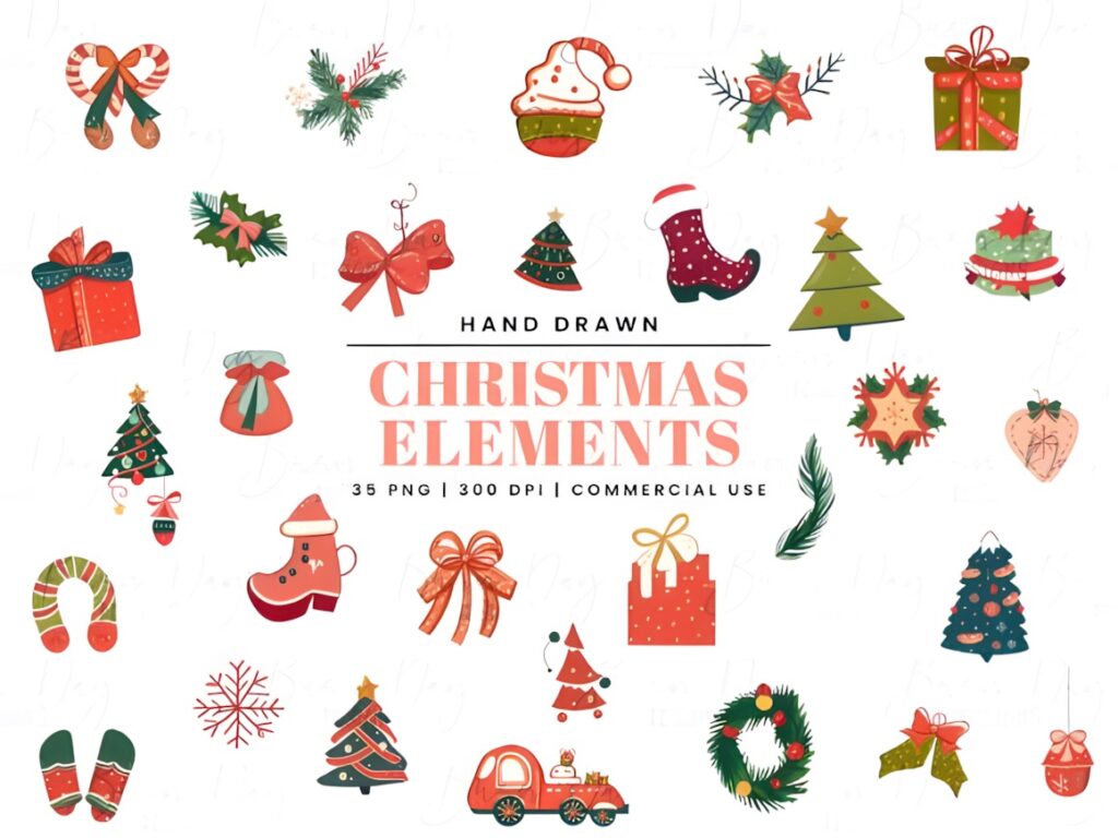 Christmas Elements PNG including hand drawn holiday icons like trees, gifts, wreaths, stockings, and candy canes for