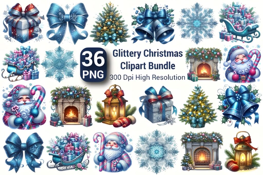 Christmas Elements PNG including Santa Claus, gift boxes, blue bows, decorated Christmas trees, snowflakes, fireplace
