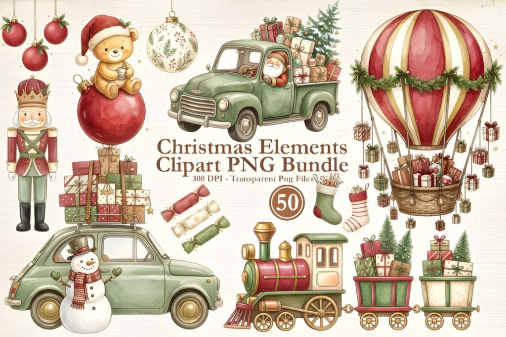 Christmas Elements PNG bundle with watercolor ornaments, Santa teddy, nutcracker, festive vehicles, stockings, gifts, and