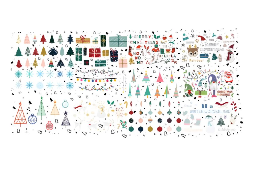 Christmas Elements PNG featuring various trees, gifts, ornaments, lights, and holiday icons for sublimation projects