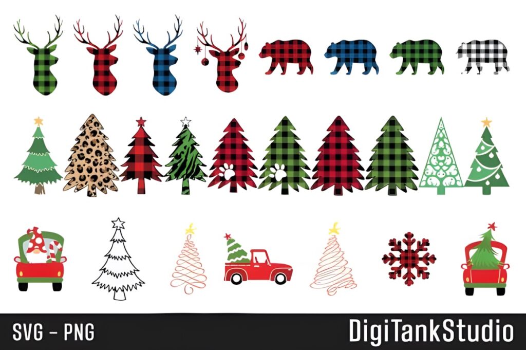 Christmas Elements PNG featuring plaid reindeer, patterned Christmas trees, red trucks with trees, and snowflakes for