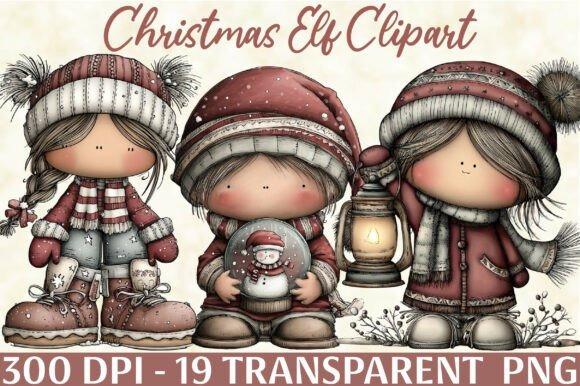 Christmas elf clipart designs featuring three cute elves in winter clothing holding a lantern and snow globe