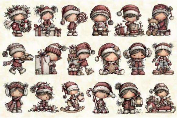 Christmas elf clipart designs featuring 16 cute elves in various holiday poses with gifts, candy canes, and winter attire