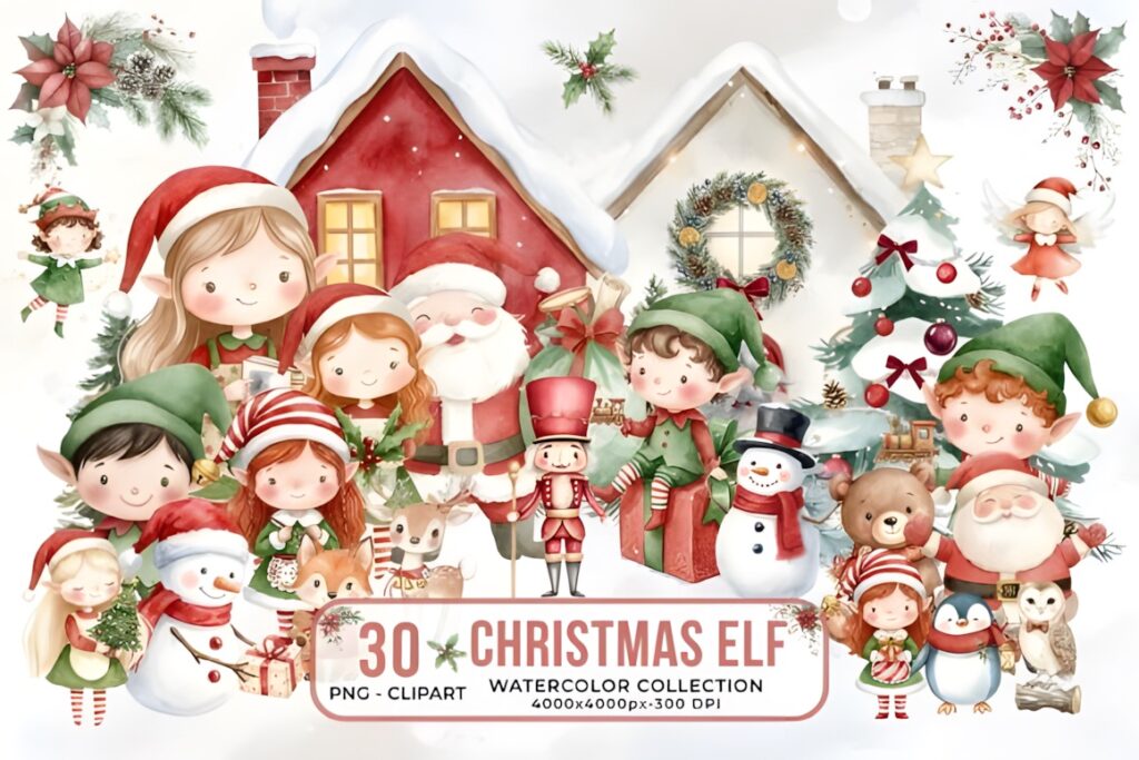 Christmas decorations PNG featuring a watercolor collection of elves, Santa, snowman, nutcracker, and holiday ornaments