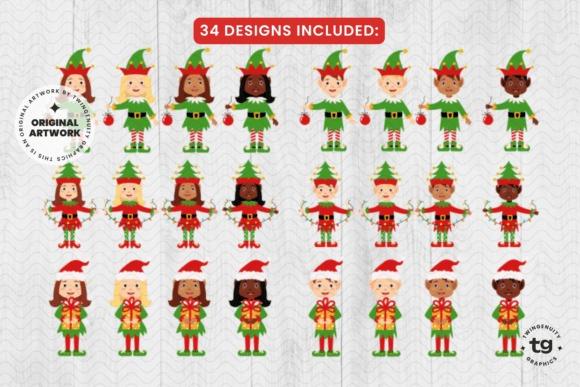 Christmas elf clipart designs featuring 34 diverse elves in green and red outfits holding ornaments and gifts