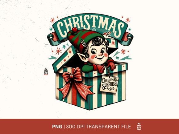 Christmas elf clipart designs featuring a cheerful elf popping out of a striped gift box with a bow and Christmas surprise