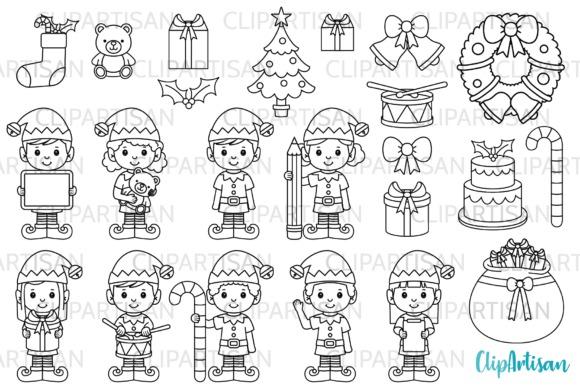 Christmas elf clipart designs featuring black-and-white elves and holiday objects in line art style