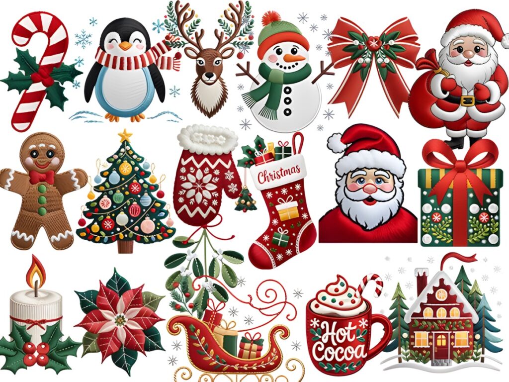 Christmas Elements PNG including candy cane, penguin, reindeer, snowman, bow, Santa, gingerbread, tree, mitten, stocking