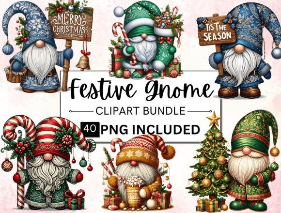 Christmas clip art featuring watercolor festive gnomes with Santa hats, trees, gifts, and seasonal accessories