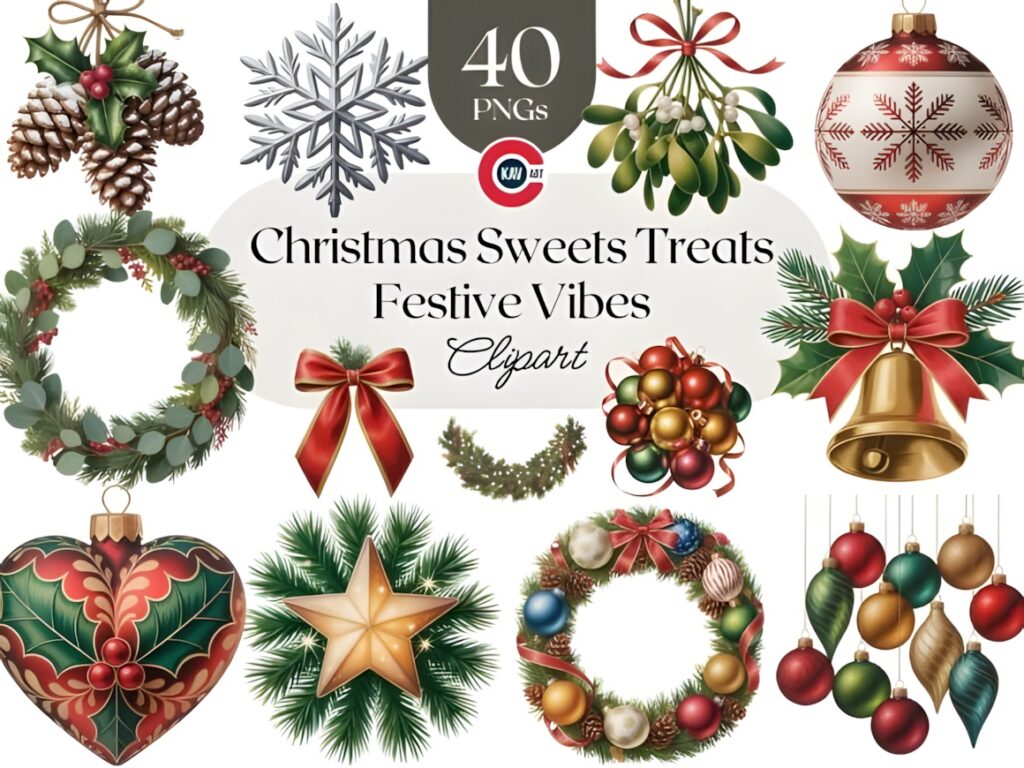 Christmas Elements PNG including wreaths, pine cones, snowflake, mistletoe, ornaments, bows, and festive decorations