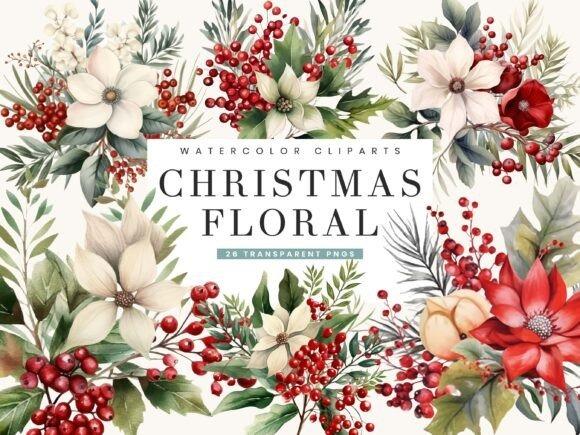 Christmas clipart sets featuring watercolor floral illustrations with poinsettias, berries, and greenery