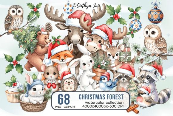 Christmas Clipart featuring woodland animals like bears, raccoons, owls, and deer wearing Santa hats with holly and ornaments